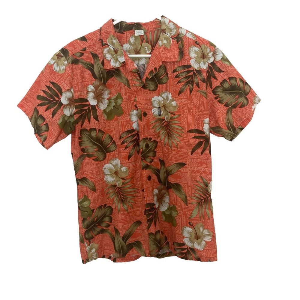 Palmwave Orange Floral Hawaiian S/S Shirt Top Men’s Size Medium Button Up Cotton